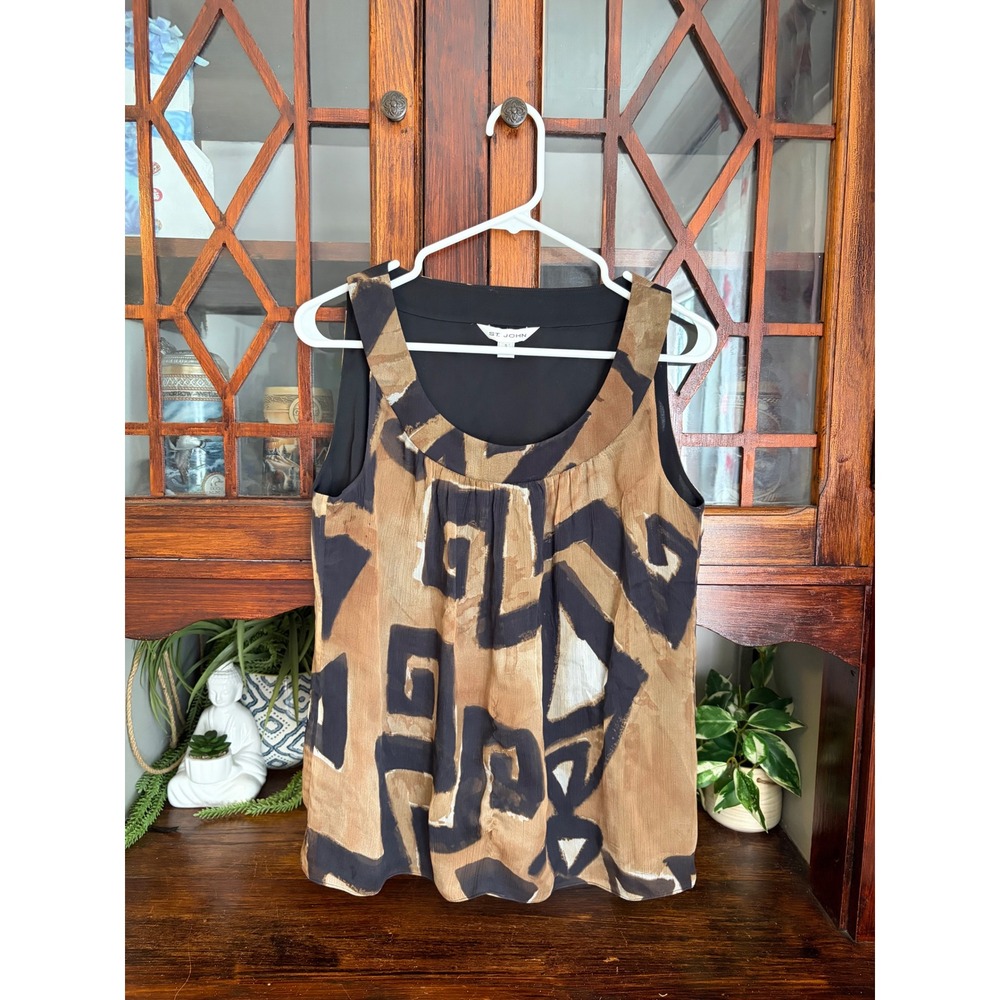St John Silk Sleeveless Blouse Brown Black Geometric Abstract Print Small